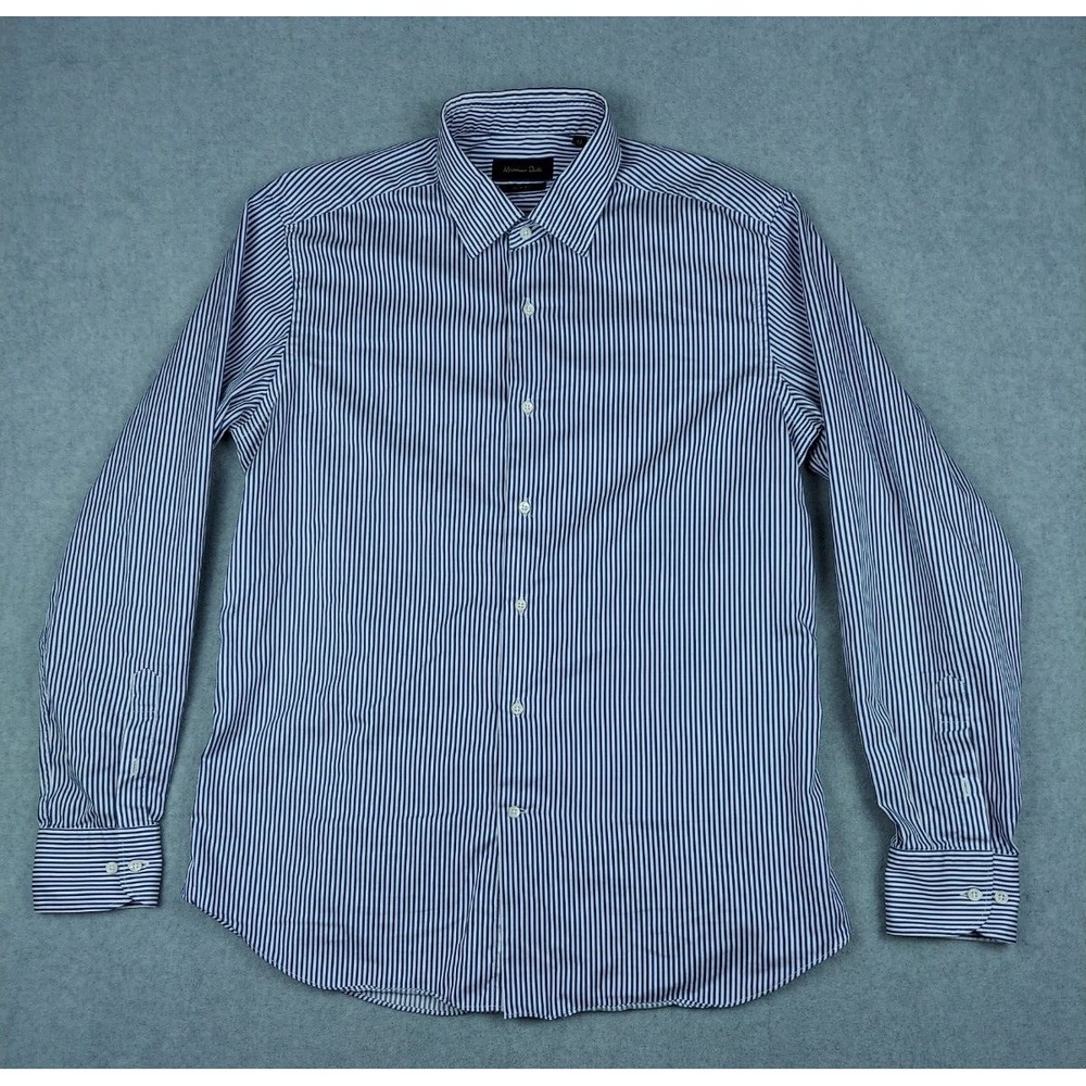 Massimo Dutti Men Dress Long Sleeve Shirt Large Slim Fit 43-17 White Blue Stripe
